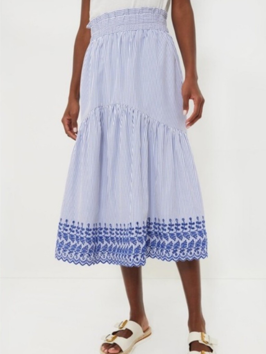 Tuckernuck Light Blue & White Striped Midi Skirt Blue Embroidery Sz Xxl